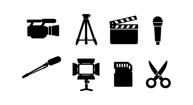 Film equipment icons: camera, tripod, clapperboard, microphones, light, sd card, scissors