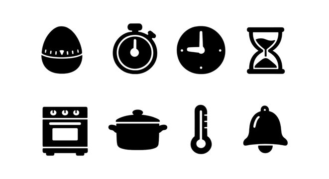 Kitchen icons: egg timer, stopwatch, clock, hourglass, oven, pot, thermometer, bell