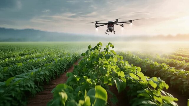 Agricultural drone spraying crop rows at sunrise flying away over green field with misty mountains
