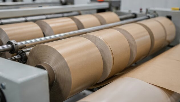 Medium shot of wateractivated gummed paper tape being slit and rolled highlighting smooth cutting and precise alignment of plain sealing tapes in an industrial setting.