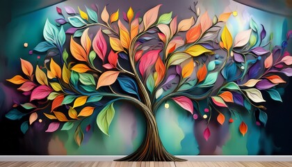 elegant colorful tree with vibrant leaves hanging branches bright color 3d abstraction wallpaper for interior mural painting wall