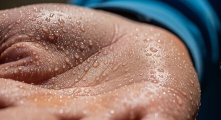 Fototapeta premium Sweaty Palm Detail of glistening hand shows exertion with health, and and heat.