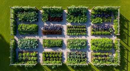 Planting Rows of Vegetables in a Community Garden, Aerial View, Green Environment, Nature Concept