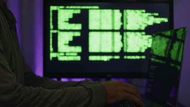 Operator reviewing system logs carefully, Professional inspecting log data for irregularities in subdued environment, Expert diligently scrutinizing computer output for anomalies amid soft lighting