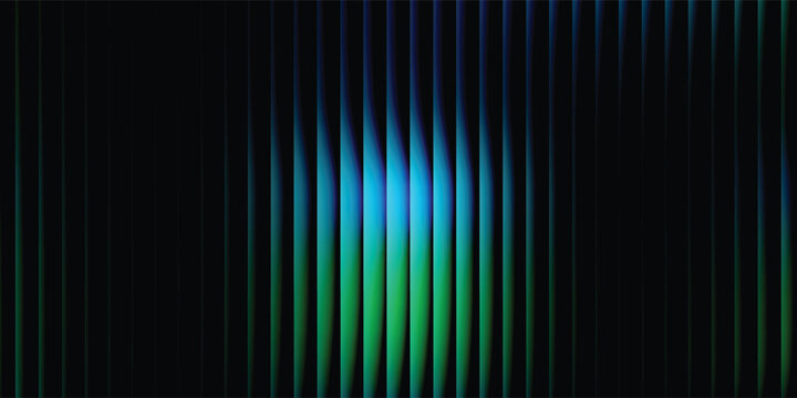 Reeded glass gradient surface, futuristic panel with vertical prism distortion. Dark abstract field infused with fractal texture in neon teal and green tones, vector illustratio