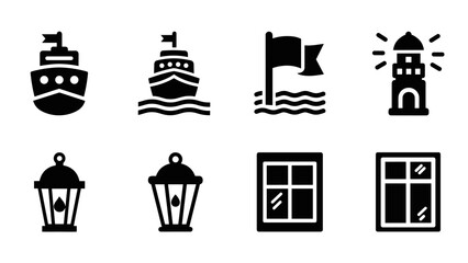 Nautical and maritime icons set featuring ships, lighthouse, flag, and windows