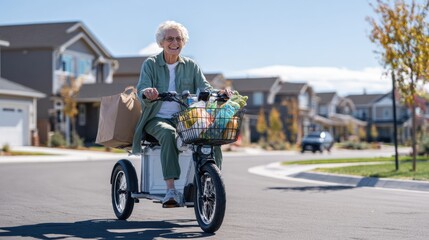 Obraz premium Elderly Caucasian man riding electric tricycle with full front basket of groceries and reusable bags, turning through residential intersection, calm expression, leafy street and distant homes, scene