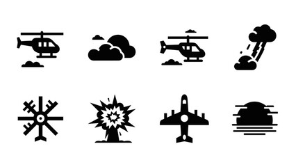Obraz premium Silhouette icons of helicopters and planes with weather elements