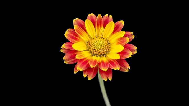 Vibrant flower with red and yellow petals against a black background
