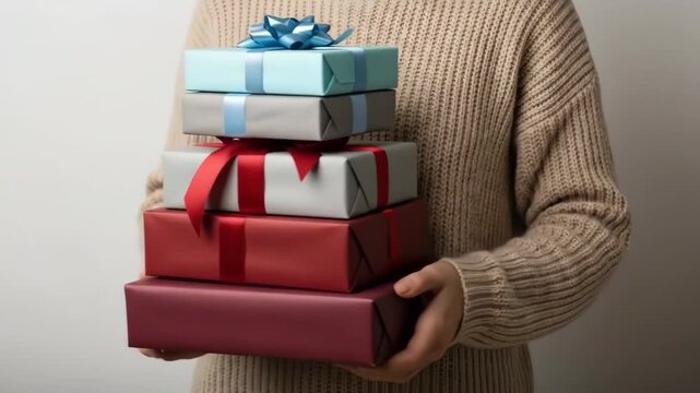 Person holding a stack of three gift boxes wrapped in different colored papers
