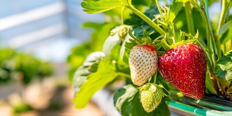 Ripe strawberry ready for harvest vibrant red color natural outdoor lighting eye-level perspective high detail realism fresh food concept, Realistic Photo