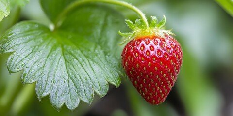 Ripe strawberry ready for harvest vibrant red color natural outdoor lighting eye-level perspective high detail realism fresh food concept, Realistic Photo