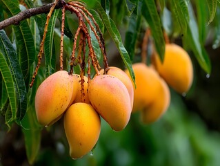 Ripe mango fruit on tree ready for harvest yellow and green gradient skin natural outdoor lighting eye-level perspective high detail realism, Realistic Photo
