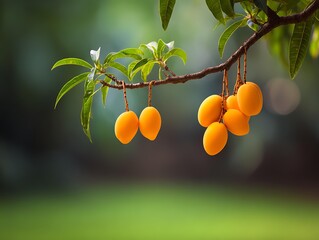 Ripe mango fruit on tree ready for harvest yellow and green gradient skin natural outdoor lighting eye-level perspective high detail realism, Realistic Photo