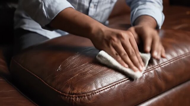 Leather Couch Restoration - A medium shot depicts a person's hands applying leather cream to a brown leather couch cushion. The process aims to restore the softness and shine to worn surfaces.