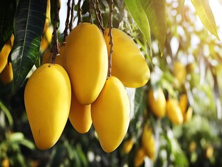Mango fruit cluster on tree lush tropical orchard warm sunlight filtering through leaves cinematic realism professional stock photography, Realistic Photo