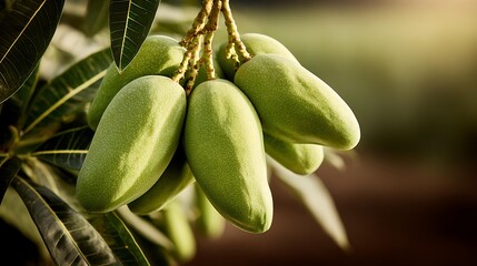 Mango fruit at golden hour warm sunlight dramatic shadows low angle shot tropical farming mood cinematic color grading, Realistic Photo