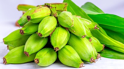 Green banana isolated on white background unripe fruit concept clean minimal style sharp focus even lighting agricultural product photography, Realistic Photo