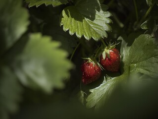 Fresh strawberry fruit growing on plant bright red ripe berry green leaves background natural sunlight realistic texture eye-level angle professional agricultural photography ultra high resolution,