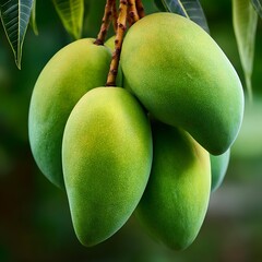 Fresh mango fruit hanging on tree smooth green skin tropical orchard environment natural sunlight vibrant green leaves realistic texture eye-level angle professional agricultural photography