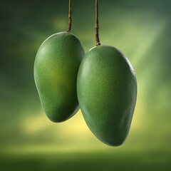 Fresh mango fruit hanging on tree smooth green skin tropical orchard environment natural sunlight vibrant green leaves realistic texture eye-level angle professional agricultural photography