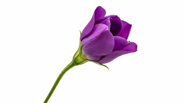Close-up of a single purple rose bud on a green stem against a white background