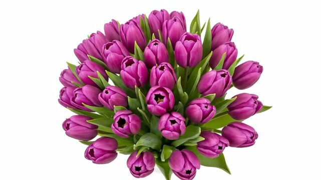 A close-up view of a vibrant bouquet of purple tulips arranged in a circular pattern