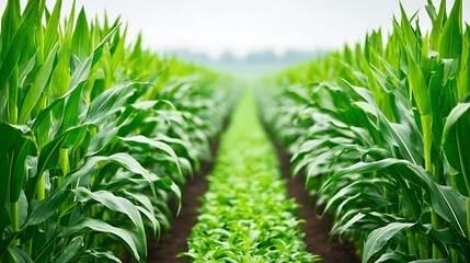 Corn stalk field under blue sky rows of maize plants stretching to horizon peaceful countryside atmosphere wide angle lens leading lines composition bright daylight cinematic realism stock photography