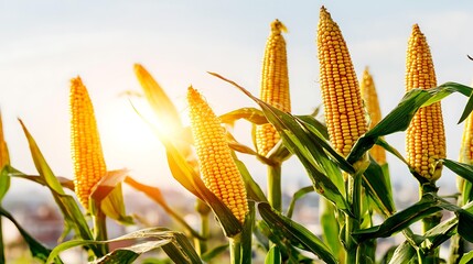 Corn stalk farm at sunrise misty atmosphere peaceful rural mood wide angle composition cinematic lighting ultra detailed realism, Realistic Photo