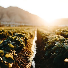 Strawberry field with multiple plants wide angle landscape fresh farm atmosphere natural sunlight professional photography look, Realistic Photo