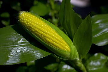 Single corn stalk with golden corn cob close-up botanical detail fresh summer farming mood soft morning light macro perspective sharp focus natural color grading professional agricultural photography,