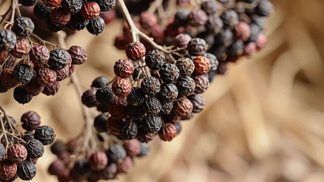 Close-up of elderberries on a branch, showing their dark color and texture.