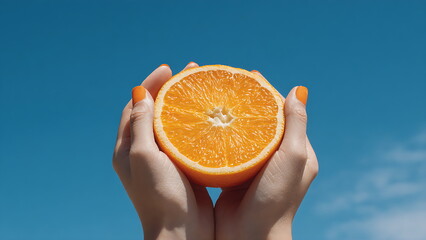 photo of an orange held in hand against a blue sky background