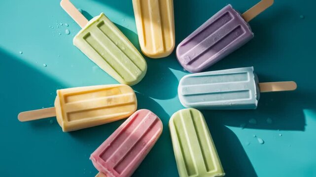 Colorful Popsicles Arranged in a Circle on a Vibrant Blue Background with Refreshing Shadows.