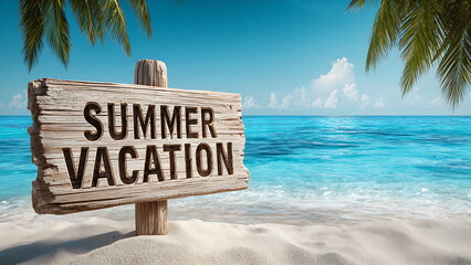 picture of a white sand beach and a wooden sign that says summer vacation