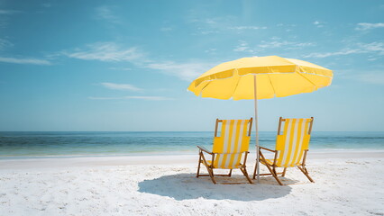 image of yellow beach chairs and umbrellas on a white sand beach on a summer