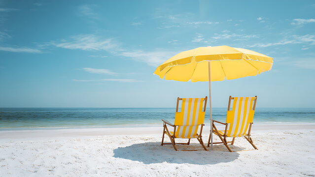 image of yellow beach chairs and umbrellas on a white sand beach on a summer