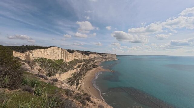 Panoramic wide angle view of Zapalo Bay and cliffs in Limassol, Cyprus.