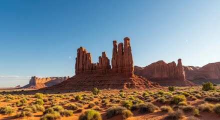Dramatic red rock formations soaring under a bright sunny sky, highlighting the rugged terrain and vast emptiness of the arid desert region ,sparse ,arid ,high