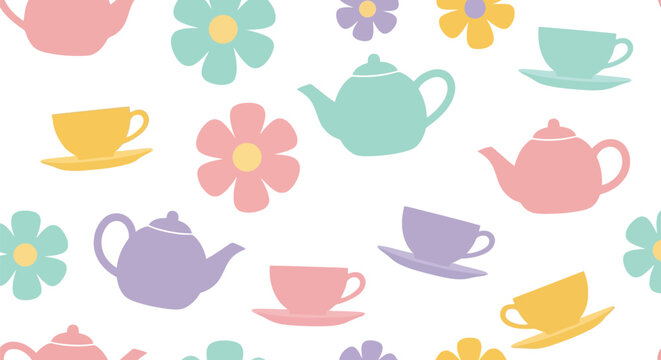Pastel tea party vector clipart seamless pattern with teapots, cups, and flowers