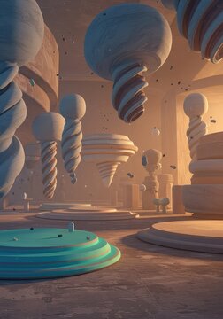 Dreamlike environment where reality bends; bizarre floating objects, abstract geometry, and endless spaces create an impossible vision ,vast ,shapes ,empty