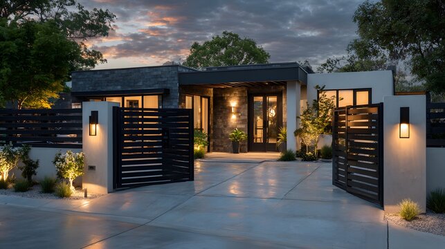 Modern residential exterior features a sleek dark charcoal horizontal slat gate and matching door on a clean concrete driveway at evening.
