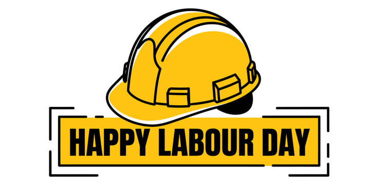 Yellow hard hat and Happy Labour Day text on yellow banner