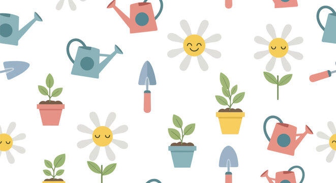 Seamless gardening tools and flowers vector clipart pattern for spring backgrounds and designs