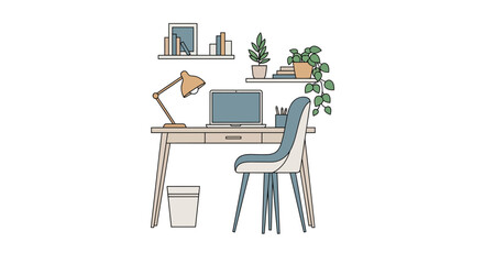Fototapeta premium Cozy workspace illustration featuring a desk chair and laptop perfect for remote work.