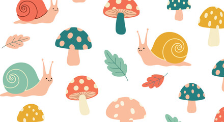 Seamless snail and mushroom vector clipart pattern in pastel colors for kids and nursery design © azad
