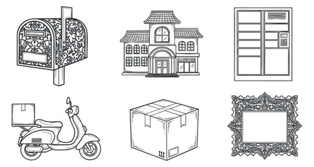 A collection of hand-drawn road trip illustrations featuring buses, landscapes, mountains, and adventure themes in black and white vector style, ideal for travel-related projects