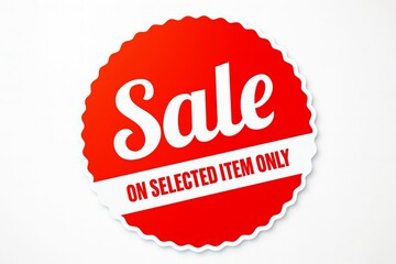 Red sale badge with white text on a plain background