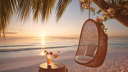 picture of a rattan swing on the beach at sunset