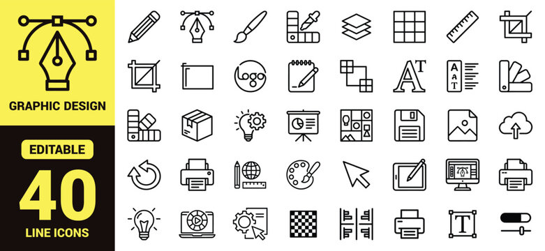 Graphic design and creative tool icon set with pencil, paintbrush, pen tool, color picker, layers, ruler, crop tool, document, palette, monitor, printer, cursor, stylus, and digital art ranking